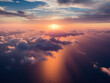 Aerial view above fluffy clouds with ocean and evening sun, warm tones. Generative AI