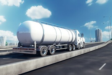 Wall Mural - White big modern tanker shipment cargo commercial semi trailer truck moving fast on motorway road city urban suburb. Business distribution logistics service created with Generative AI technology