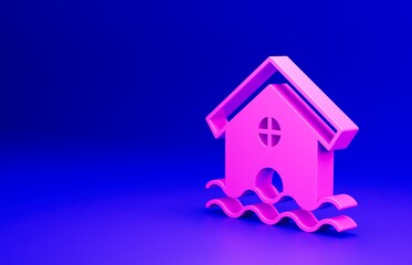 Poster - Pink House flood icon isolated on blue background. Home flooding under water. Insurance concept. Security, safety, protection, protect concept. Minimalism concept. 3D render illustration