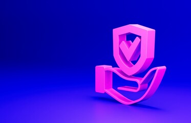 Sticker - Pink Shield in hand icon isolated on blue background. Insurance concept. Guard sign. Security, safety, protection, privacy concept. Minimalism concept. 3D render illustration