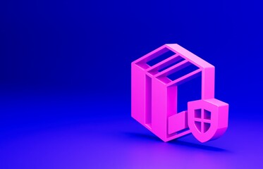 Sticker - Pink Delivery security with shield icon isolated on blue background. Delivery insurance. Insured cardboard boxes beyond the shield. Minimalism concept. 3D render illustration