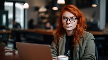 Front-end developer sitting in front of her laptop, generative ai