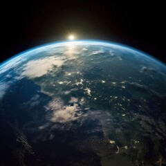 Wall Mural - Planet Earth cutvature. Aerial view of blue planet from space. Sunrise over city lights. Generative AI