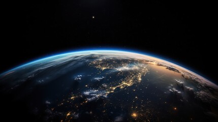 Wall Mural - Planet Earth cutvature. Aerial view of blue planet from space. Sunrise over city lights. Generative AI
