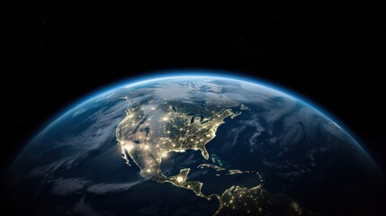 Wall Mural - Planet Earth cutvature. Aerial view of blue planet from space. Sunrise over city lights. Generative AI