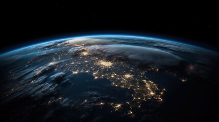 Wall Mural - Planet Earth cutvature. Aerial view of blue planet from space. Sunrise over city lights. Generative AI