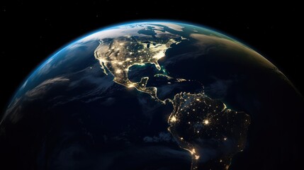 Wall Mural - Planet Earth cutvature. Aerial view of blue planet from space. Sunrise over city lights. Generative AI