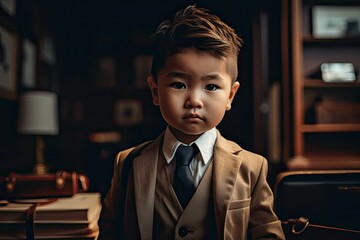 Small Child Wearing Suit and Successful Businessman Glasses by Generative AI