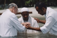 Two Pastors Baptize A Man In The Name Of Christ. Baptism Religion Concept. Generative Ai..