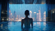 © MxCaptures - Unforgettable View: Back View of Girl Swimming in Glass Pool with Metropolis Below - Generative Ai