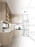 Fototapeta Desenie - abstract sketch design of kitchen room ,3d rendering