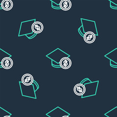Wall Mural - Line Graduation cap and coin icon isolated seamless pattern on black background. Education and money. Concept of scholarship cost or loan, tuition or study fee. Vector