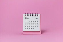 Desktop Calendar For August 2023 On A Pink Background.Calendar For Planning For The Month.