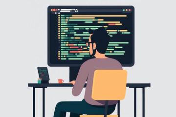 Back view cartoon illustration of coder at office table working on big computer screen, writing script or code for game or application software. Generative AI