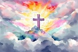 Fototapeta Motyle - A vibrant watercolor painting of a cross soaring above the clouds in a graffiti-like style. Perfect for religious themes. Generative AI