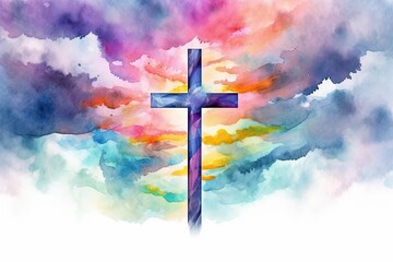 A vibrant watercolor painting of a cross soaring above the clouds in a graffiti-like style. Perfect for religious themes. Generative AI