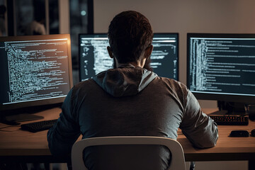 Back view of programmer, coding scripts late at night, creating new software for data protection. Generative AI