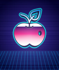 Sticker - Retro style Apple icon isolated futuristic landscape background. Excess weight. Healthy diet menu. Fitness diet apple. 80s fashion party. Vector