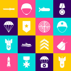 Wall Mural - Set Biohazard bomb, Military dog tags, helmet, Submarine, Chevron, Parachute, knife and Radar with targets icon. Vector