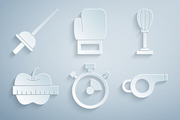 Sticker - Set Stopwatch, Punching bag, Apple and measuring tape, Whistle, Boxing glove and Fencing icon. Vector