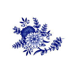 Wall Mural - .Blue and white bouquet of abstract flowers. Design elements on a white background. Chinese style decoration. Floral vector template.