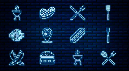 Sticker - Set line Crossed fork and spatula, Barbecue, knife, Location with barbecue, grill sausage, grilled shish kebab, Hotdog sandwich and Steak meat icon. Vector