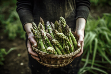 Wall Mural - Young woman holding the harvest of fresh green asparagus close up, Generative ai