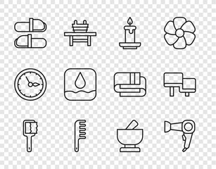 Poster - Set line Sauna brush, Hair dryer, Aroma candle, Hairbrush, slippers, Water drop, Mortar pestle and wood bench icon. Vector