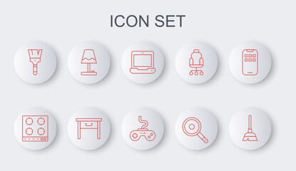 Sticker - Set line Handle broom, Gas stove, Laptop, Frying pan, Paint brush, Table lamp, Furniture nightstand and Gamepad icon. Vector