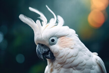 Generative AI Illustration Of Graceful Exotic Parrot With White Plumage And Long Beak Against Blurred Foliage Background In Nature