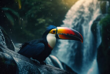 Generative AI Illustration Of Adorable Toucan With Black Plumage And Colorful Beak Sitting On Stone Near Mighty Waterfall In Rainforest