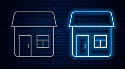 Wall Mural - Glowing neon line House icon isolated on brick wall background. Home symbol. Vector