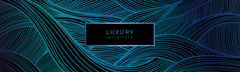 Luxury wavy linear banner. Shiny blue waves on black background. Swirl pattern. Template with gradient lines. Decorative stormy sea, ocean. Curved lines. Water texture