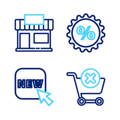 Sticker - Set line Remove shopping cart, Button with text New, Discount percent tag and Shopping building or market store icon. Vector