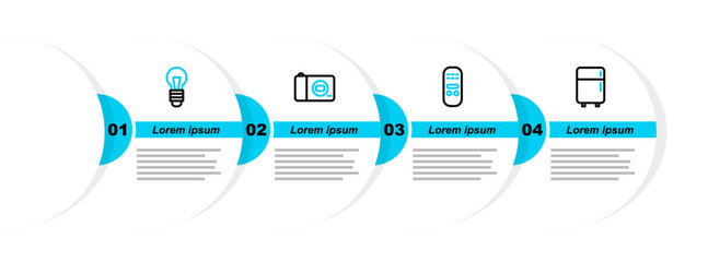 Canvas Print - Set line Refrigerator, Remote control, Photo camera and Light bulb icon. Vector