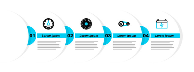 Poster - Set line Car battery, Timing belt kit, Alloy wheel and Speedometer icon. Vector