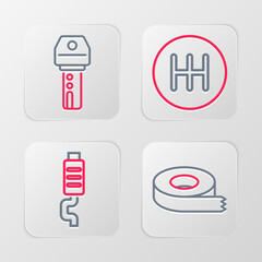 Sticker - Set line Scotch tape, Car muffler, Gear shifter and key with remote icon. Vector