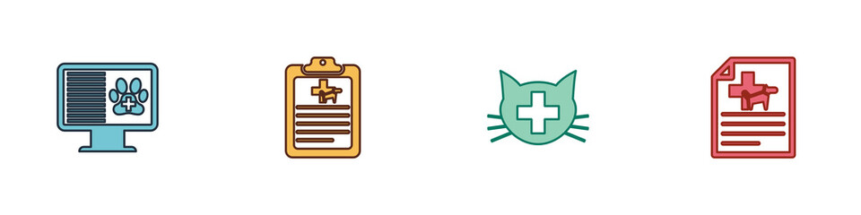 Poster - Set Clinical record pet on monitor, , Veterinary clinic and Medical certificate for dog cat icon. Vector