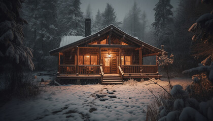 Wall Mural - Illuminated log cabin in snowy forest landscape generated by AI