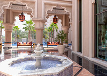Recreation Area With A Fountain In An Expensive Hotel In Dubai. Hotel Interior In Middle East Style.