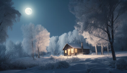 Poster - Moonlit winter forest spooky beauty in nature generated by AI