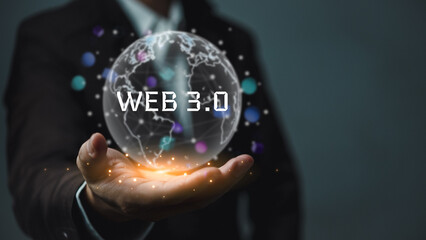 Digital communication and virtual screen technology concept WEB 3.0.hand touch globe internet.