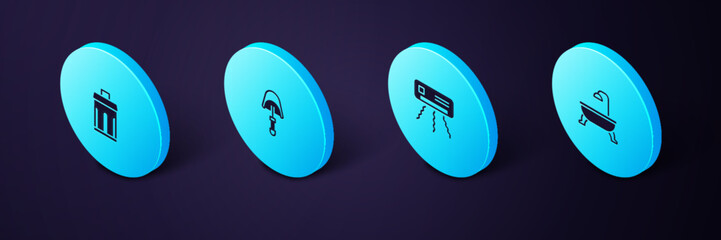 Sticker - Set Isometric Bathtub, Air conditioner, Spatula and Trash can icon. Vector