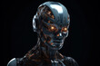 © ADDICTIVE STOCK - AI generated illustration of isolated head of futuristic cyborg with glowing eyes and shiny dark surface looking away on black background