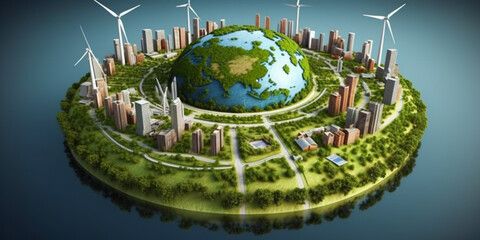 Wall Mural - Planet earth with Modern ecological city with wind turbines, alternative energy and ecology. generative ai