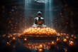© ADDICTIVE STOCK - Generative AI illustration of Buddha sitting in lotus pose and meditating near burning candles in dark cave concept of religion and mindfulness