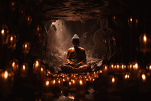 Generative AI Illustration Of Buddha Sitting In Lotus Pose And Meditating Near Burning Candles In Dark Cave Concept Of Religion And Mindfulness