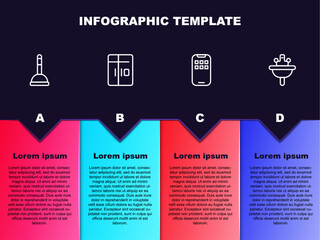 Sticker - Set line Rubber plunger, Refrigerator, Mobile Apps and Washbasin. Business infographic template. Vector