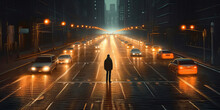 Back View Of Unrecognizable Man Walking On Street With Glowing Lights In Night Time. Generative AI