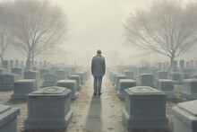 Back View Of Unrecognizable Man In Warm Clothes And Hat Walking In Cemetery In A Foggy Day. Generative AI